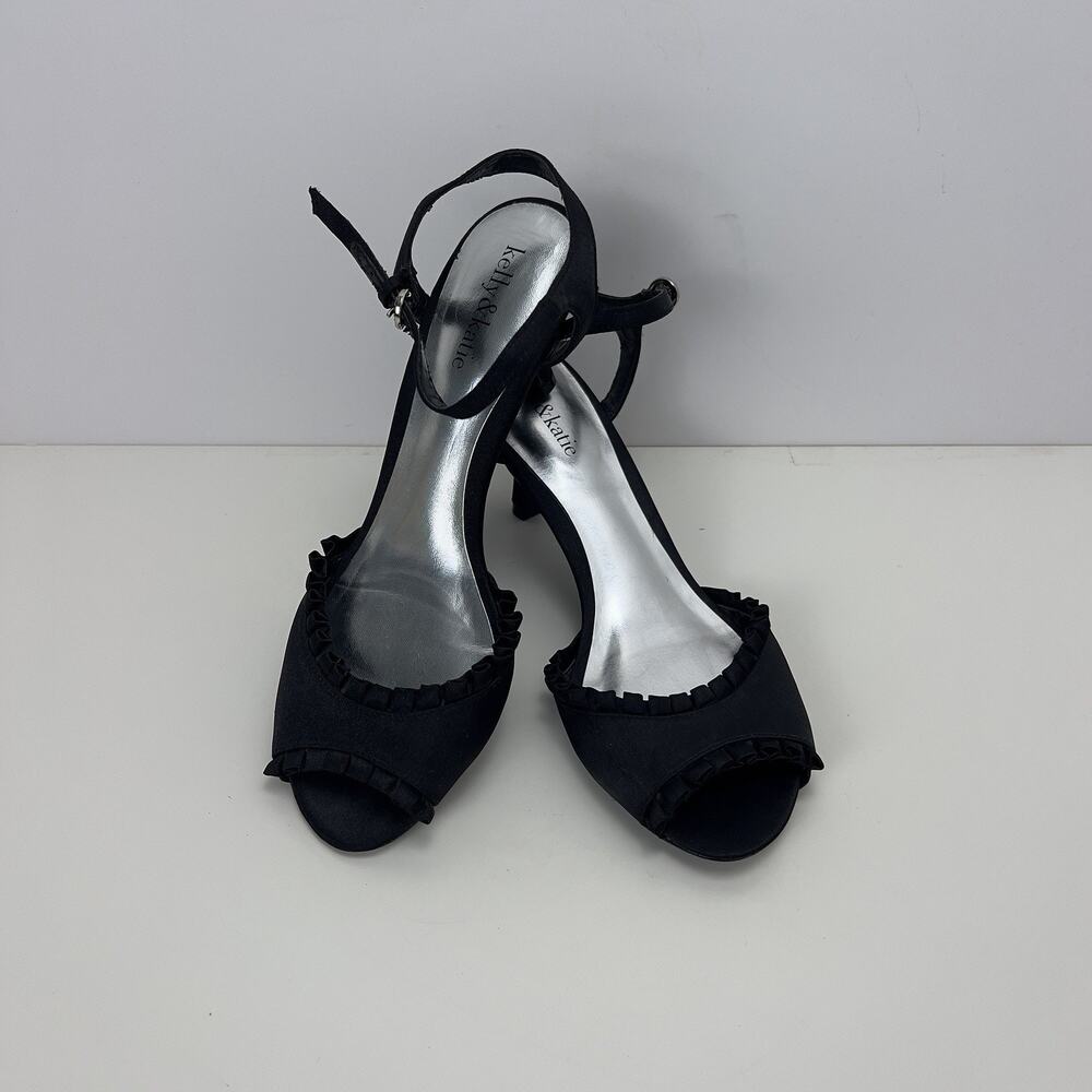 Kelly & Katie Black Ruffle Satin Open Toe Heels Strappy Shoes Size Woman's 8.5